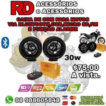 Caixinhas de som para motos via bluetooth usb micro sd fm 30w