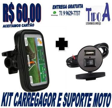 Kit Motoboy Tomada 5v 12v Moto Carrega Celular Gps + Suporte