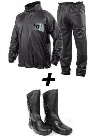 Kit Capa Chuva Jaqueta e Calça Motoqueiro PVC + Bota Motoqueiro Pvc Cano longo