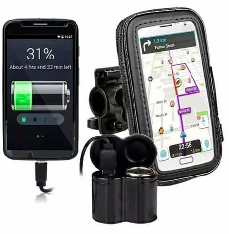 Carregador de Celular USB + Acendedor de cigarros + Suporte para Moto